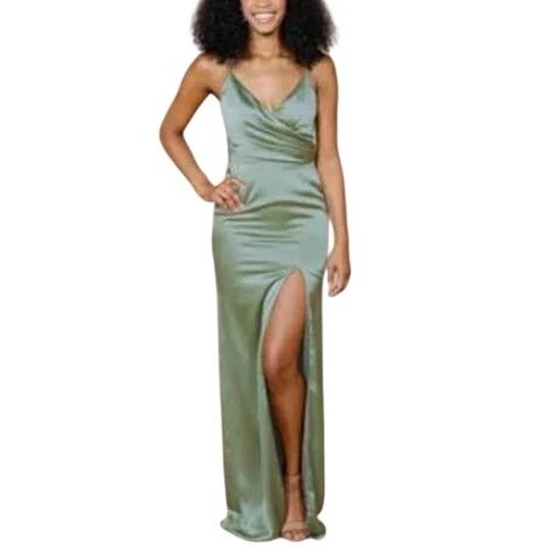Revelry Sage Green Satin Maxi Dress Size 4 Formal Bridesmaid Side Slit Gown